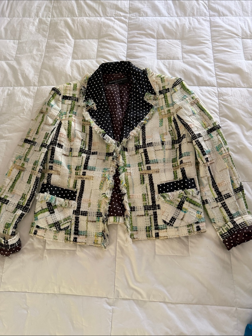 Dana Buchman Cream Plaid Tweed Blazer with Black Polka Dot Trim